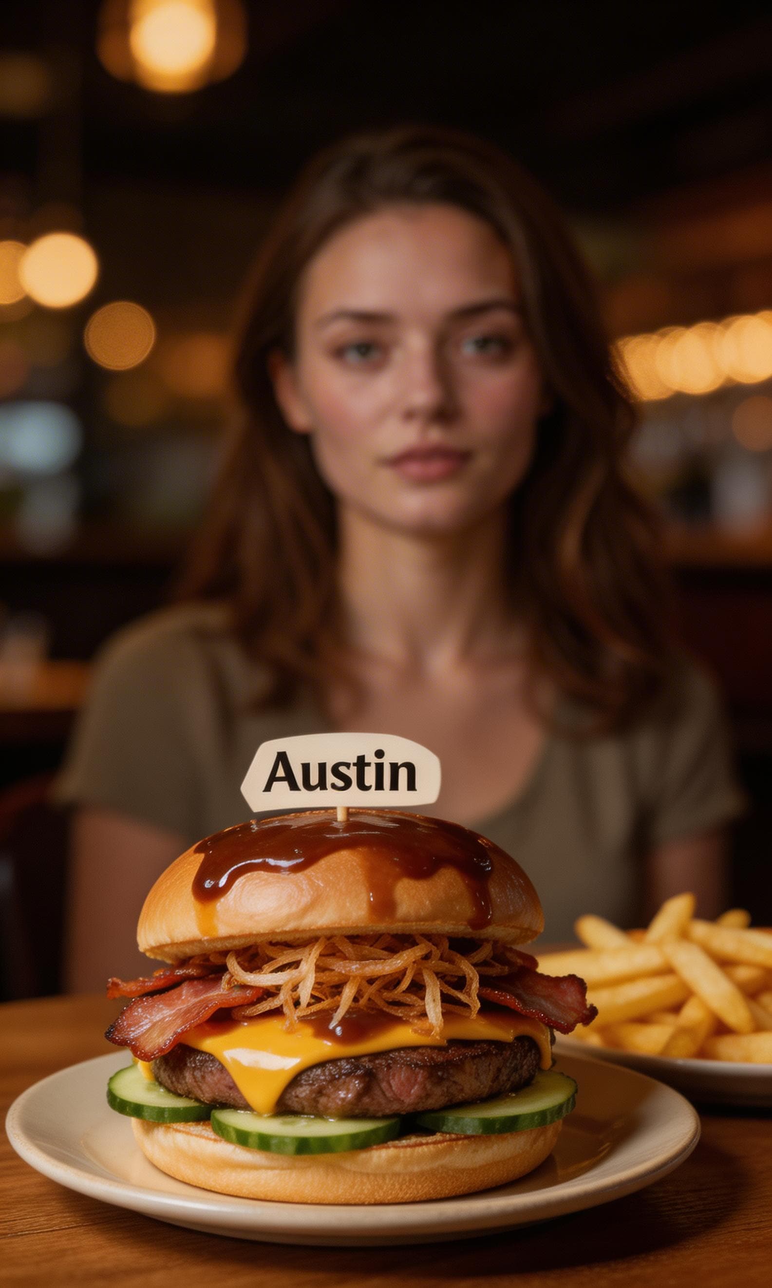 AI generated: close up of a burger named "Austin"
Ingredients :Steak, Sauce Barbecue, Bacon, Crispy Onions, Chedda...