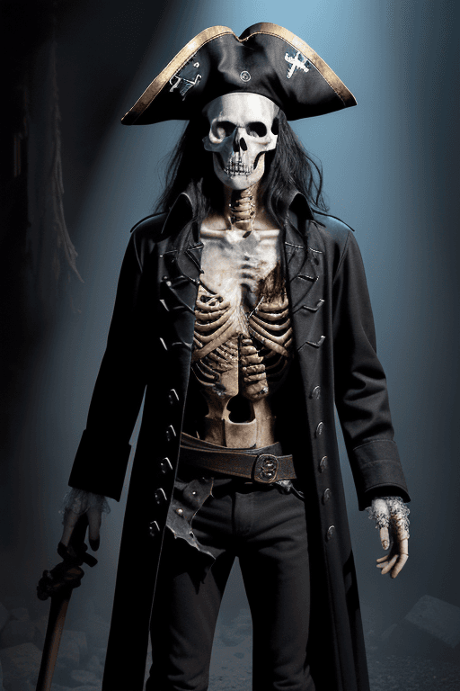 AI generated: The image features a skeleton dressed as a pirate, wearing a pirate hat and a black coat. The skelet...