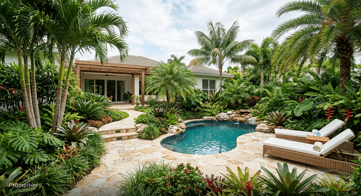 AI generated: tropical paradise with palm trees, lush greenery, a small pool, and stone pathway