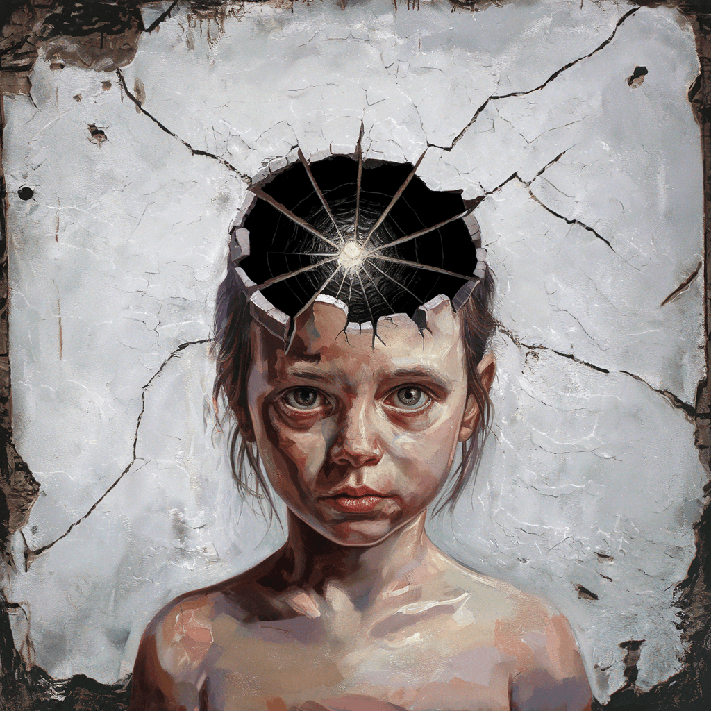 AI generated: The head of the girl is made up entirely from cracked black paint, with her lips visible through cra...