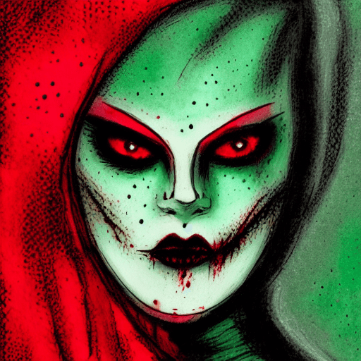 AI generated: picture of a woman with green eyes, in the style of horror , dark red and black, close up, dotted, n...
