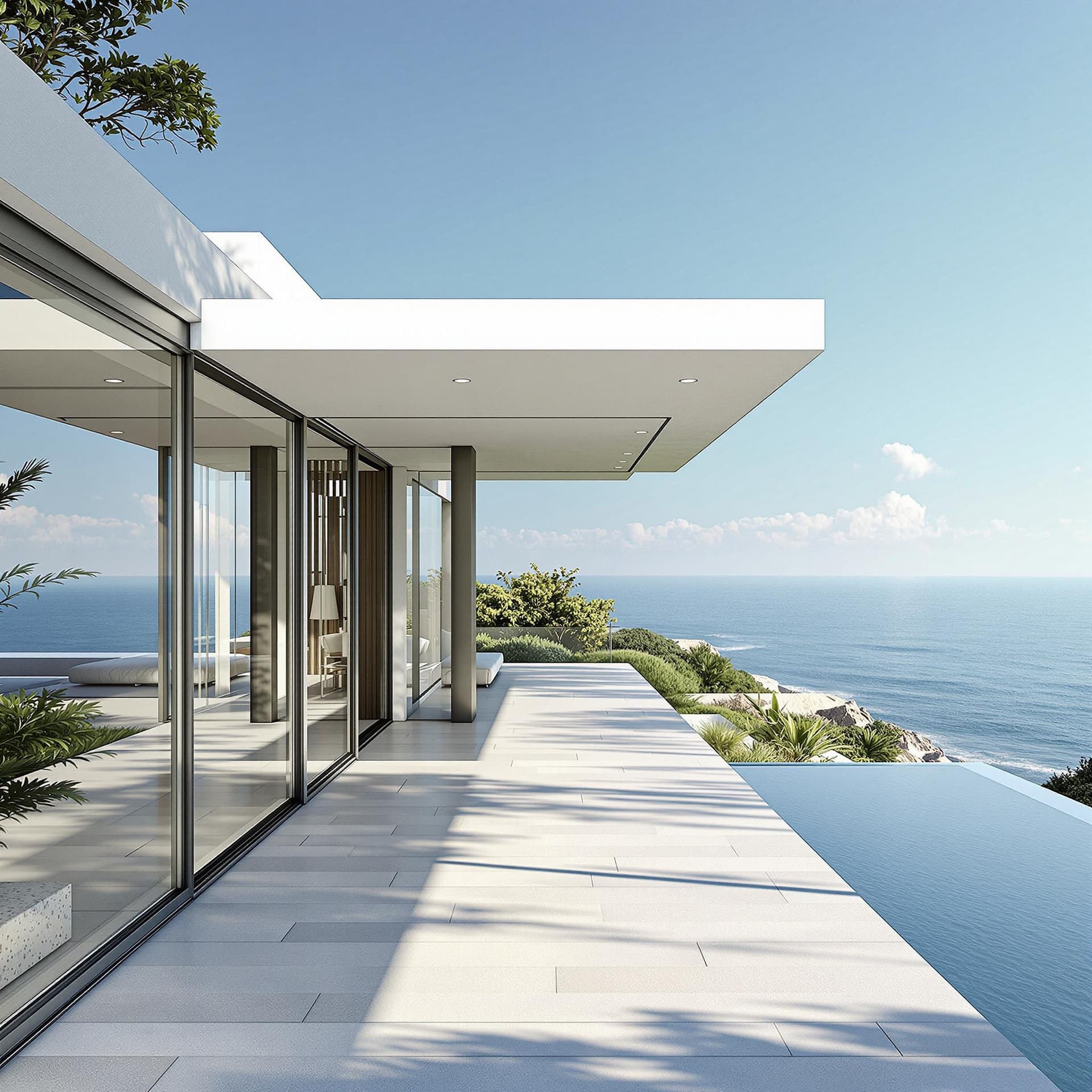 AI generated: Hyper realistic eye level exterior photo of a mid century modern style house with Roman architecture...