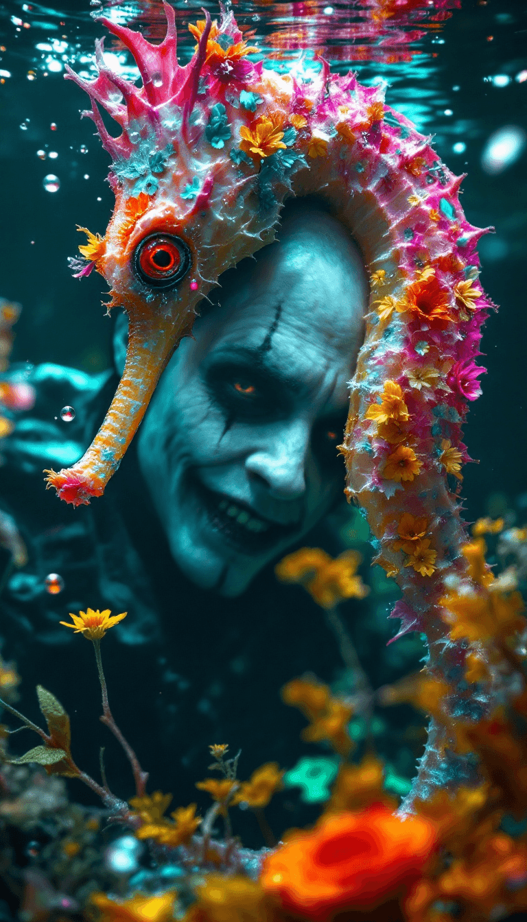 AI generated: 8K UHD image, dark haunted atmosphere: A macro underwater view of a gothic man with white skin and a...