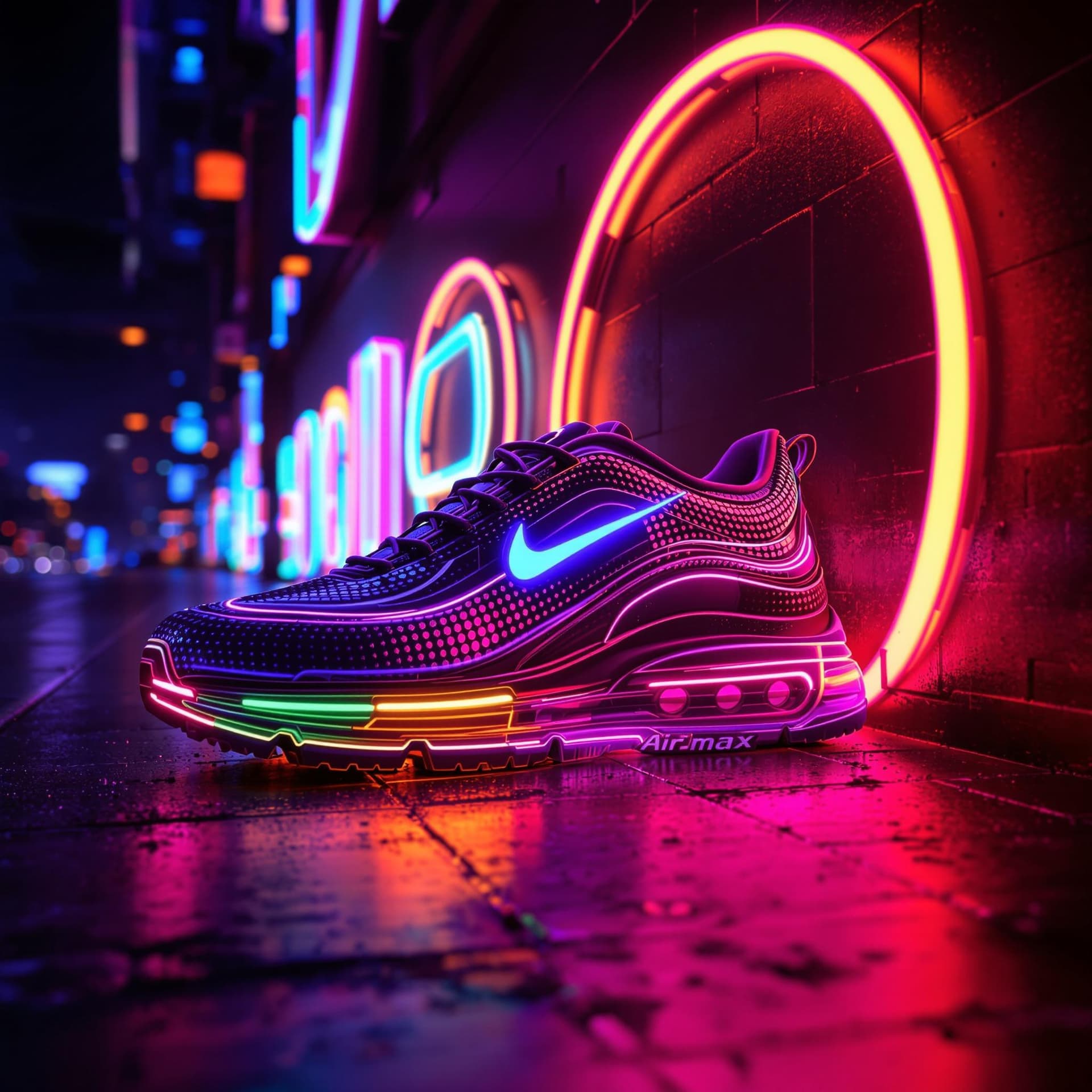AI generated: neon art, side view, Airmax 97, vibrant color lights, dark atmosphere, 16K, hyper realistic, rich de...