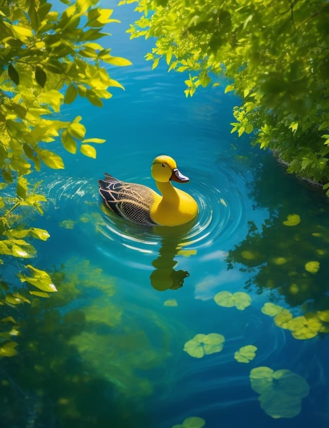AI generated: Photorealistic a beautyful yellow duck swimming in bright blue water in a river between trees, bird’...