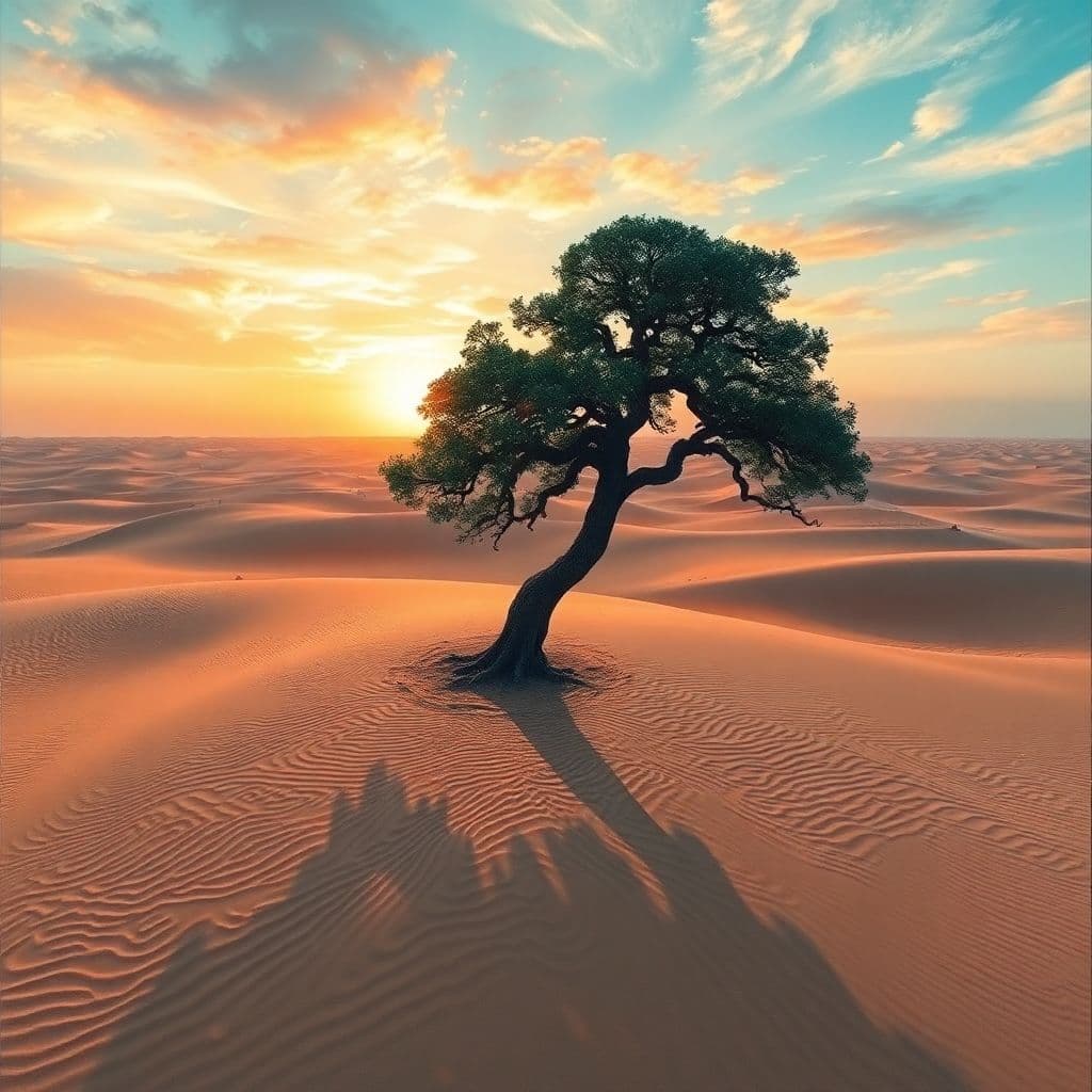 AI generated: In a surreal dreamscape where a solitary tree stands tall in a vast, barren desert, create an image ...