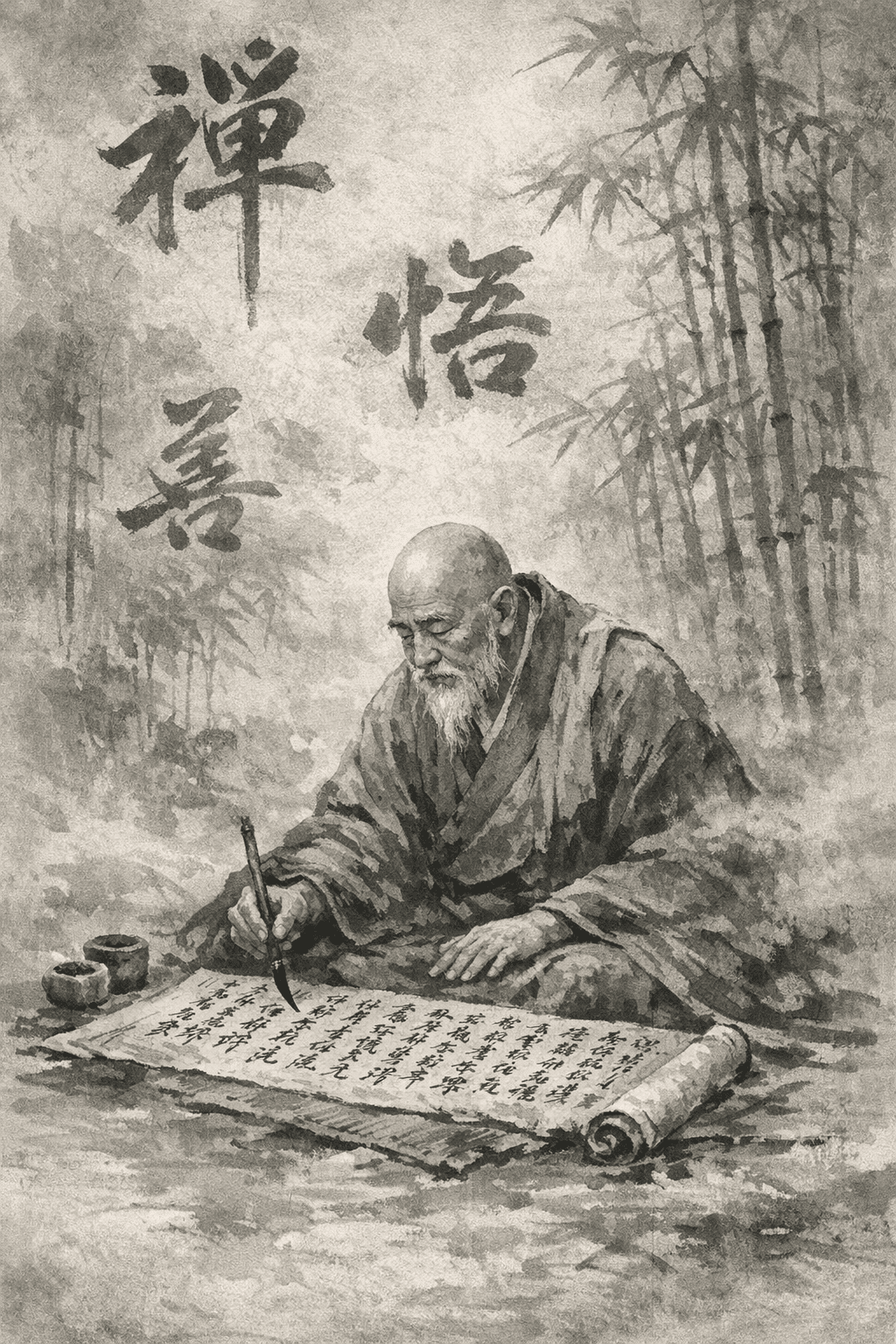 AI generated: Ancient Japanese sage monk, full body, writing mantras on weathered silk scroll, bamboo brush, eyes ...