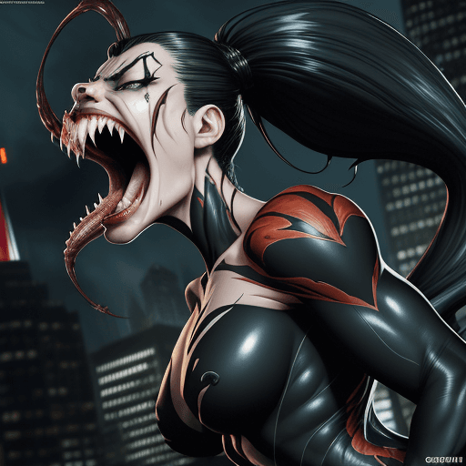 AI generated: CG unity wallpaper , dramatic scene, side view close-up, lady Venom, mouth open and full of sharp fa...