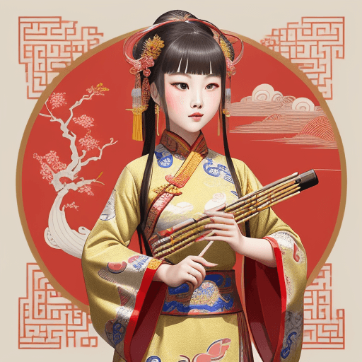 AI generated: "Illustration, girl playing the Chinese flute, opera music, random two to three colors, outline, edg...