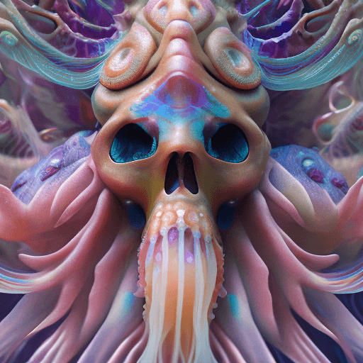 AI generated: Goddess close-up portrait ribcagel. jellyfish phoenix head, nautilus, orchid, skull, betta fish, bio...