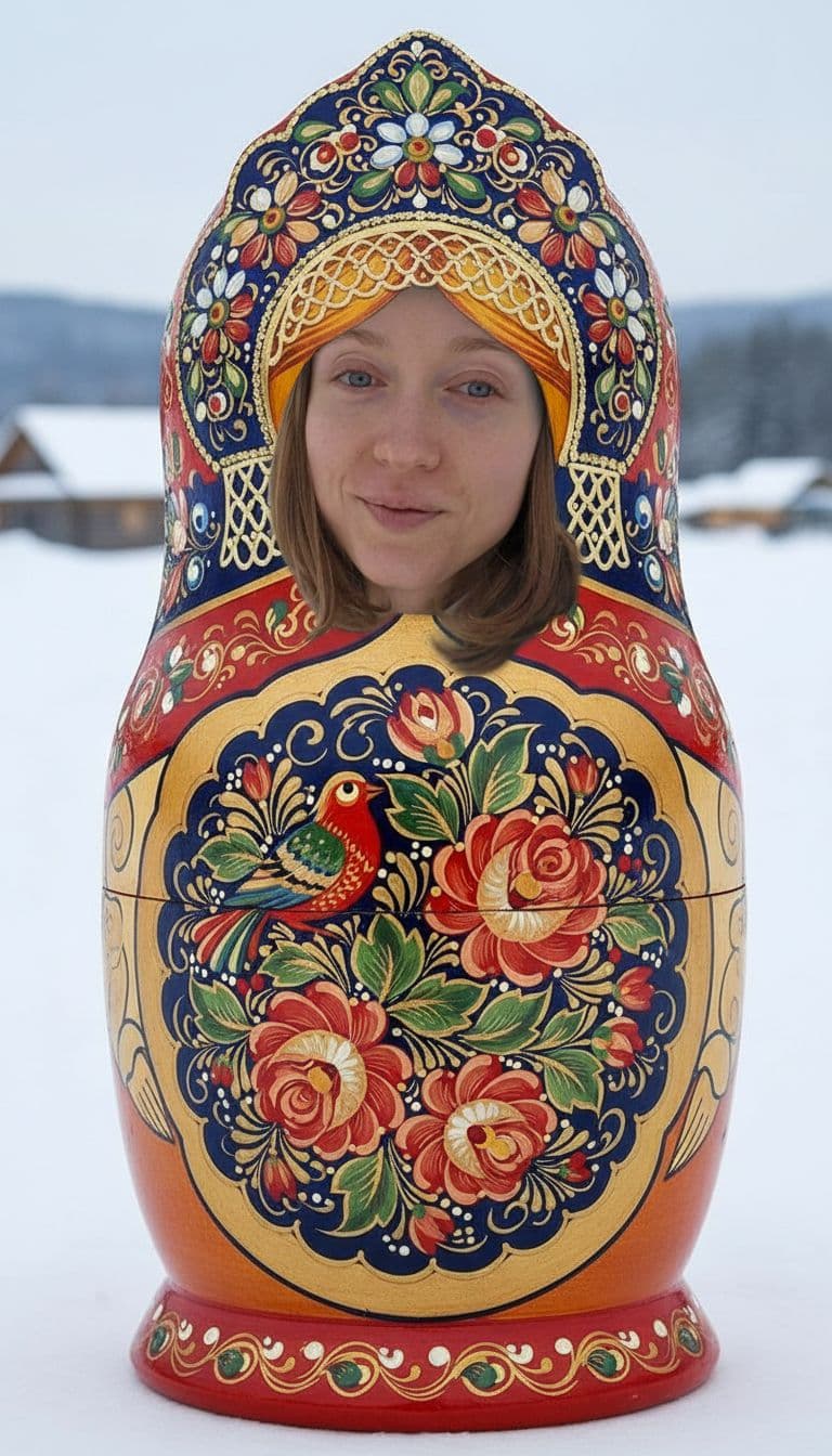 AI generated: матрешка с кокошником с лицом девушки со светлыми кудрявыми волосами до плеч. Силуэт матрешки с русс...