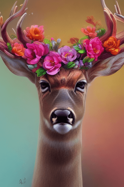 AI generated: a beautiful portrait of realistic deer, colorfull many many small flower headpiece, symmetrical, clo...