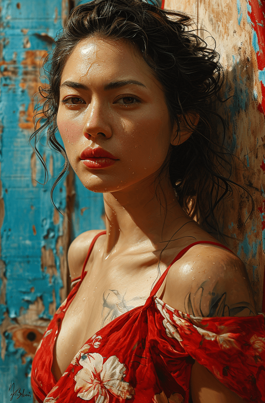 AI generated: a painting of a woman holding a surfboard, in the style of jim lee, vintage portraiture, oil portrai...
