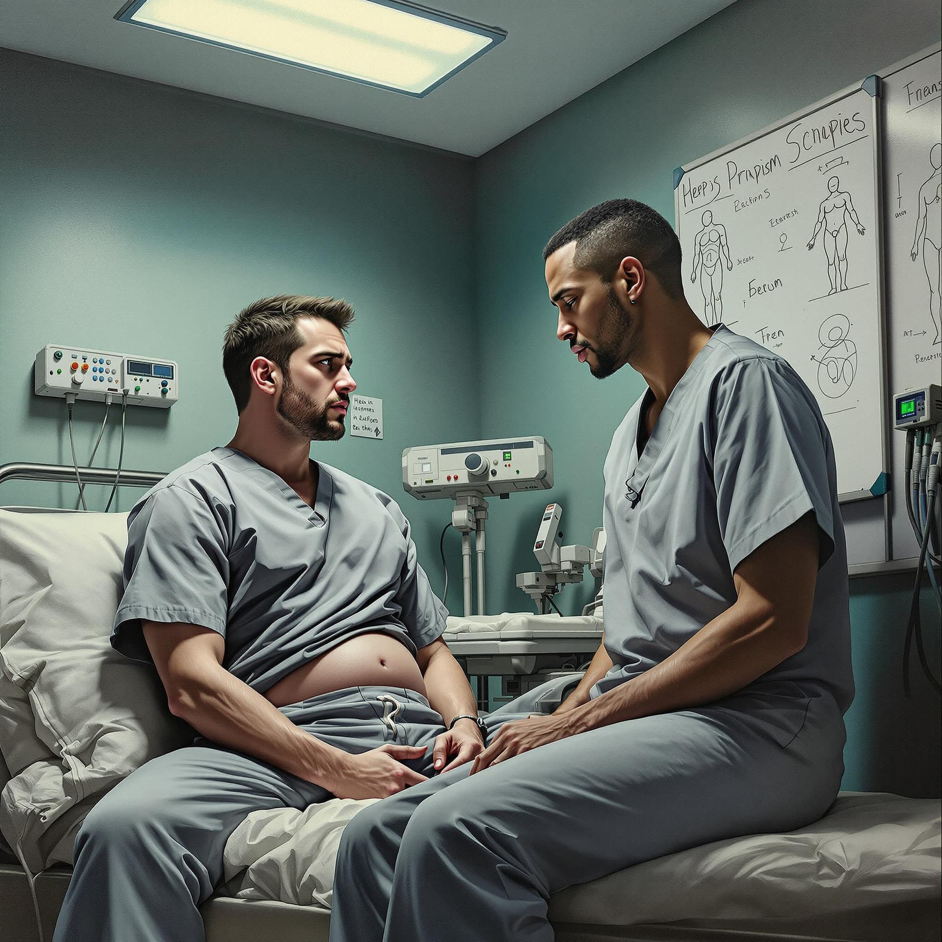 AI generated:  A detailed, dramatic painting in the Mixed Media Art style, depicting a modern hospital setting. A ...