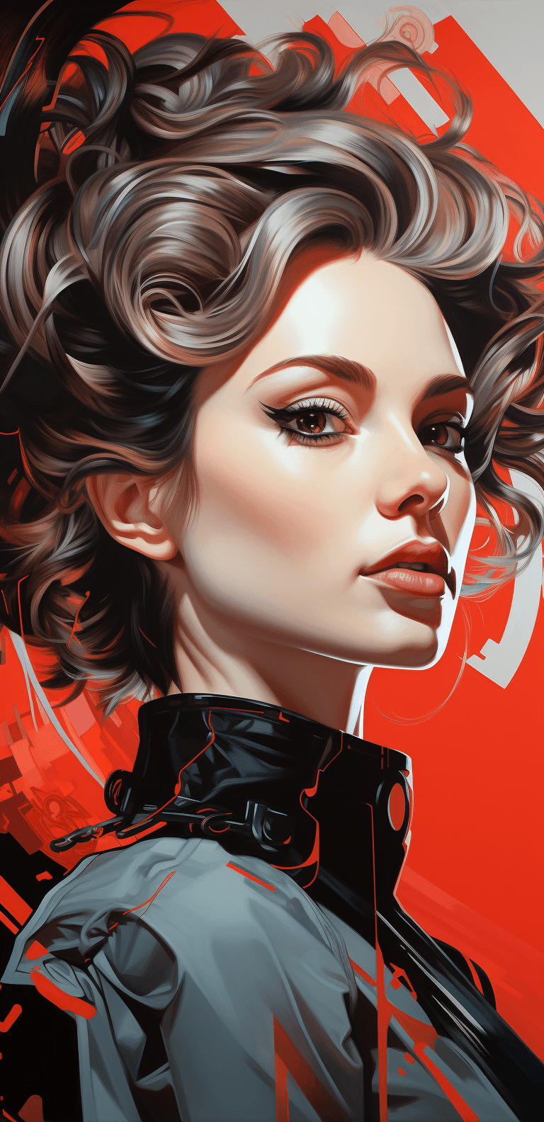 AI generated: an art print featuring a woman with hair on the right hand side, in the style of retro-futuristic pr...