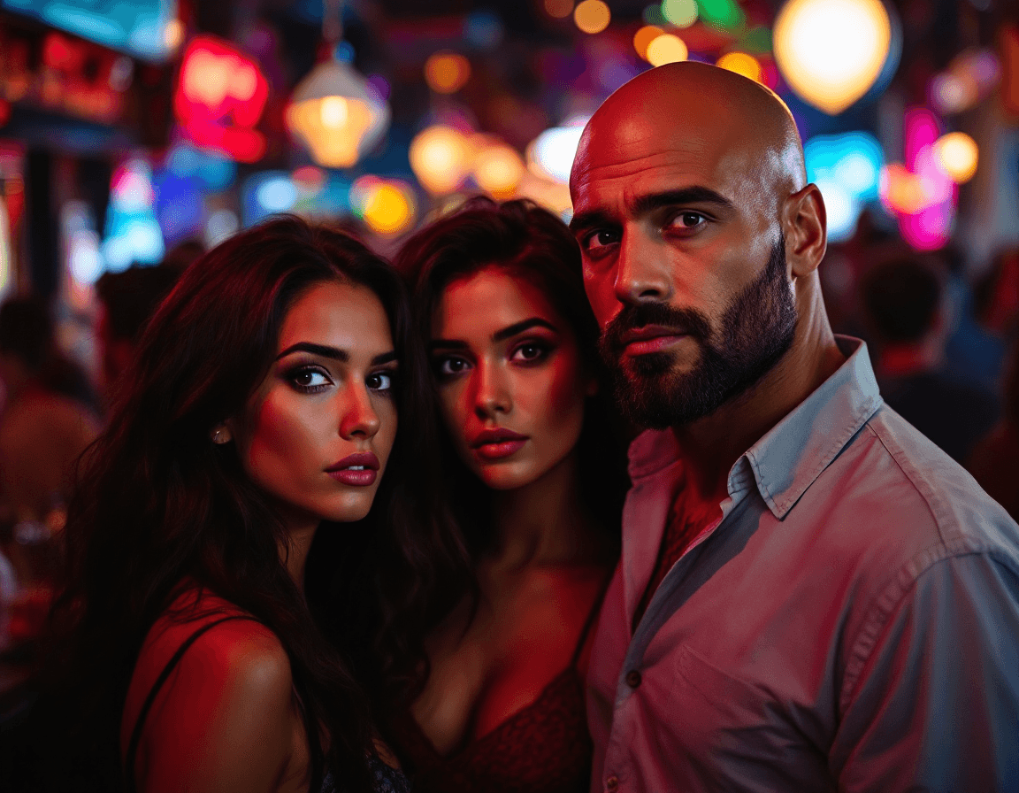 AI generated: Inside a crowded bar, at night. A group of a bald men and 2 diverse brunette women stand in the fore...
