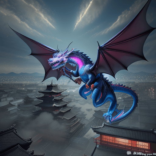 AI generated: Kyoto Animation stylized anime mixed with tradition Chinese artworks~ A dragon flying at modern cybe...