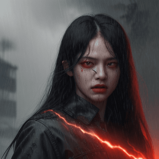 AI generated: god, Boss, in a rainstorm, thunders in background, scary, 4k, insane, red eyes, flame in the backgro...