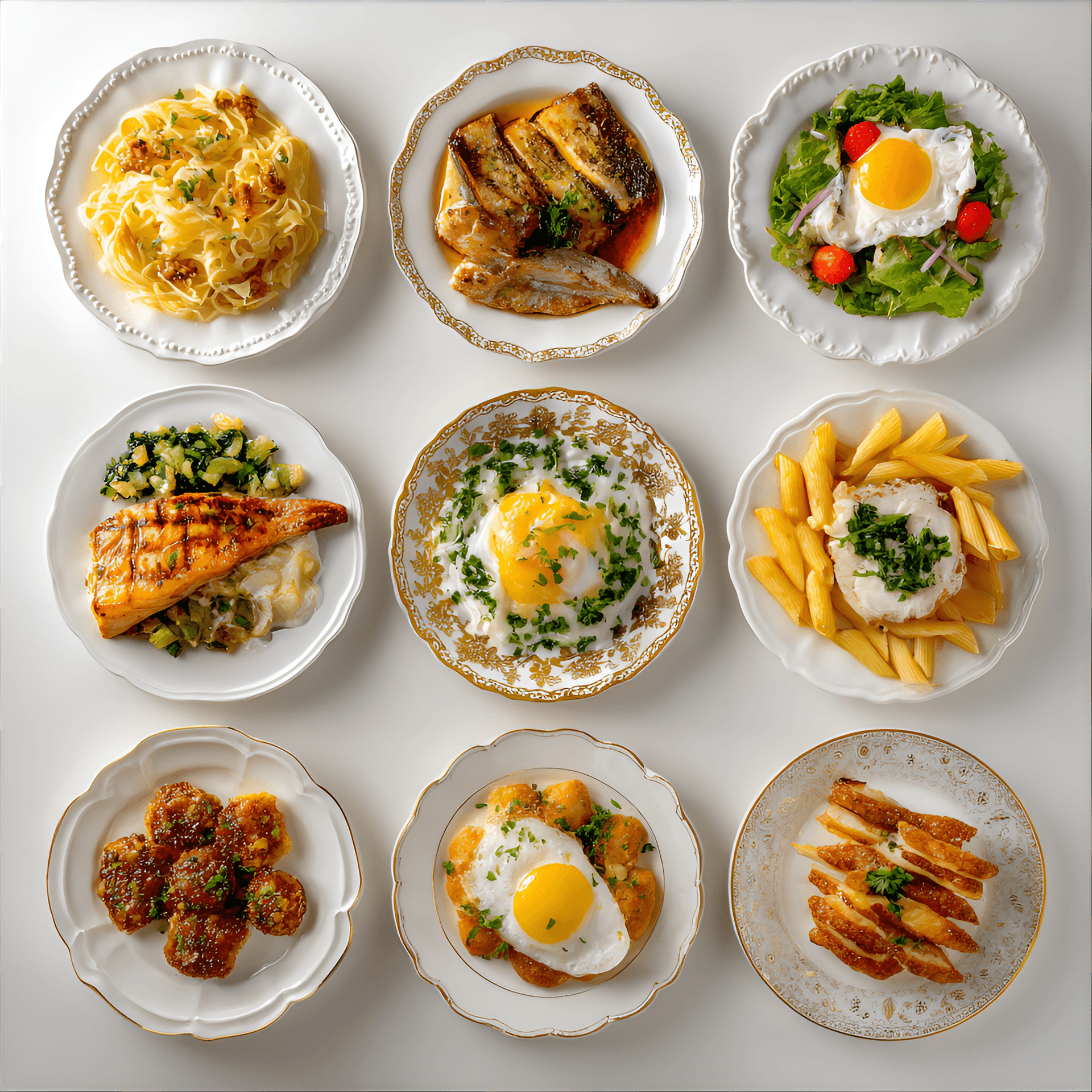 AI generated: Assorted food plates, overhead view, various cuisines, high-angle shot, studio lighting, white backg...