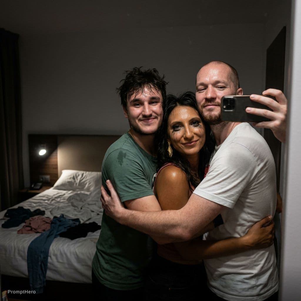 AI generated: Hotel bedroom, dim lighting, with untidy bed visible in background. The man on the right is taking a...