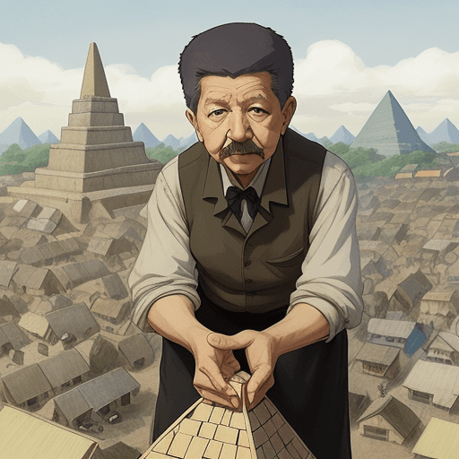 AI generated: Photo of Abraham Maslow holding a small hierarchy pyramid.  Busy market 1920' in the background. Art...