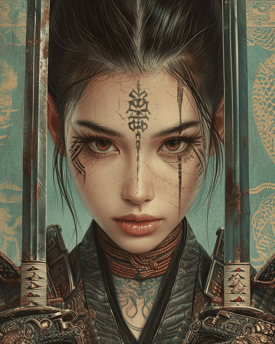 AI generated: a samurai girl with tattoos and two swords, in the style of dino valls, josan gonzalez, close up, ke...