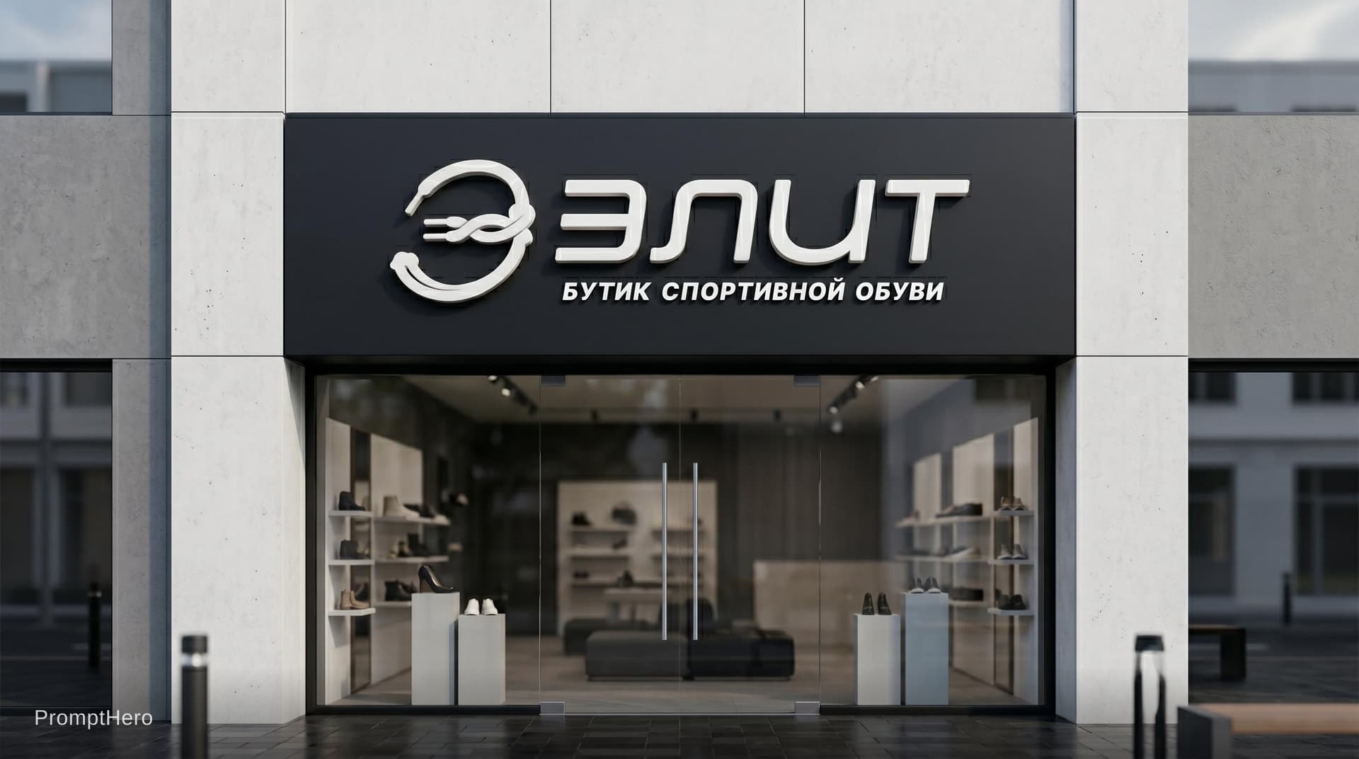 AI generated: Cinematic exterior shot of a premium storefront signage mounted above a modern building entrance. Ce...