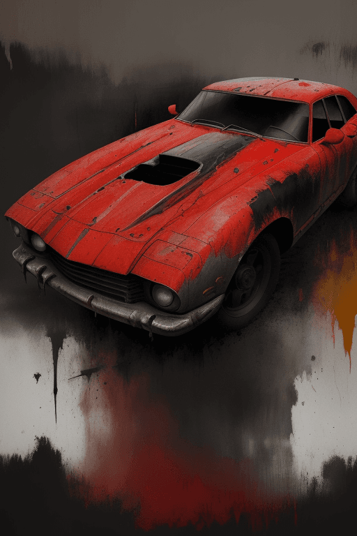 AI generated: dark shot, epic realistic, abstract expressionist painting red race car, in the style of sam spratt,...