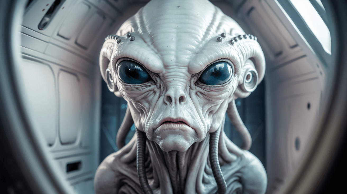 AI generated: photo of an alien with pale white skin, large dark blue eyes, tentacles on the mouth, inside  a whit...