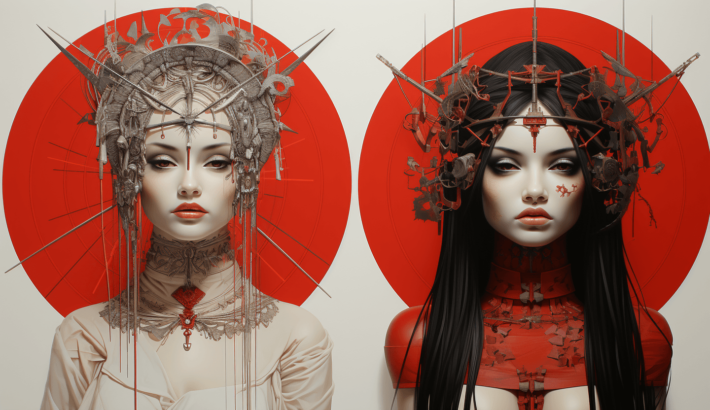 AI generated: Japanese art prints on heavy cardstock, in the style of contrasting balance, tondo, nightcore, horiz...