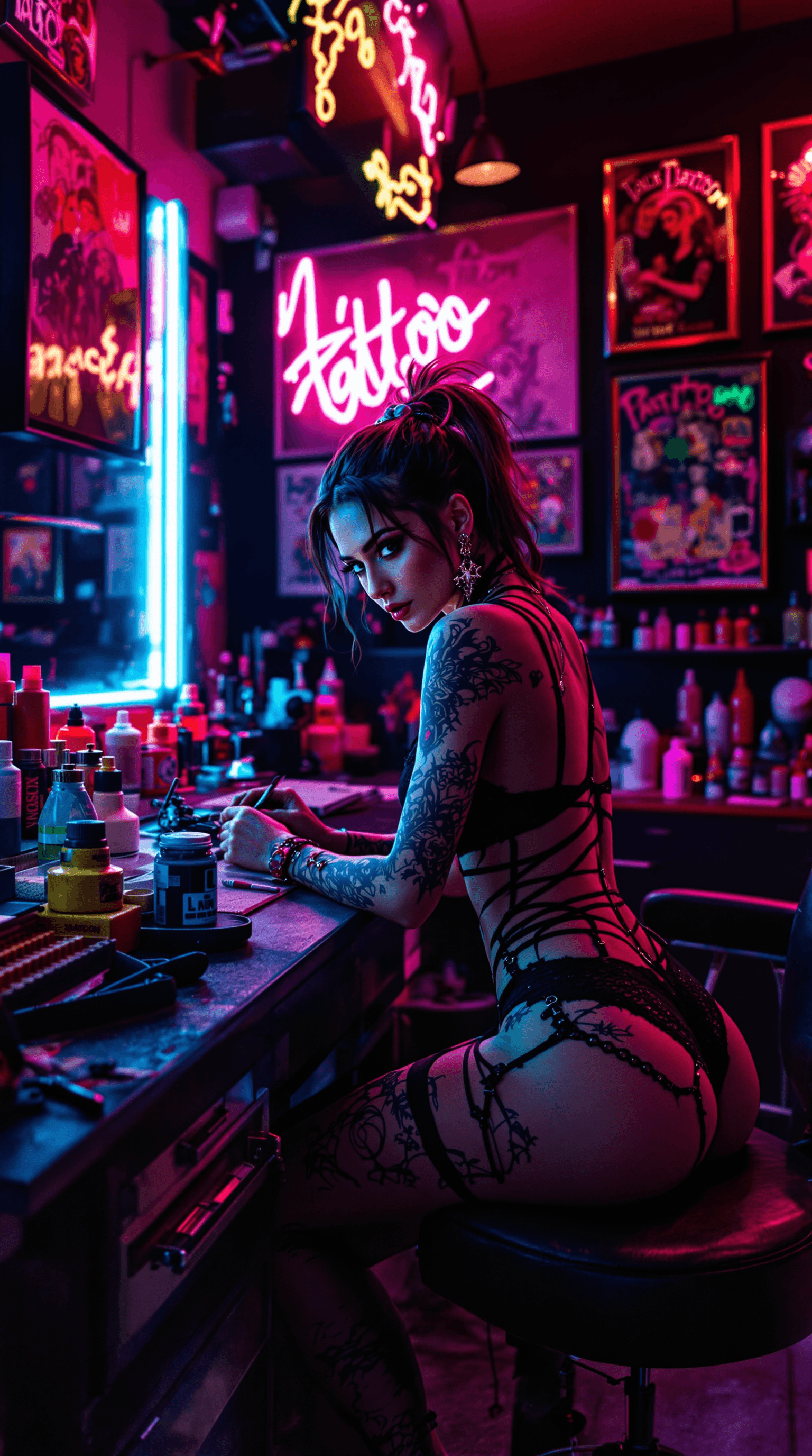 AI generated: a bold and edgy portrait of a tattoo artist working in a vibrant, neon-lit studio. The woman exudes ...
