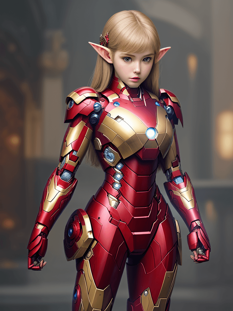 AI generated: masterpiece, beautiful girls, elf, solo, wearing armor iron man, ornament head material robotics,
