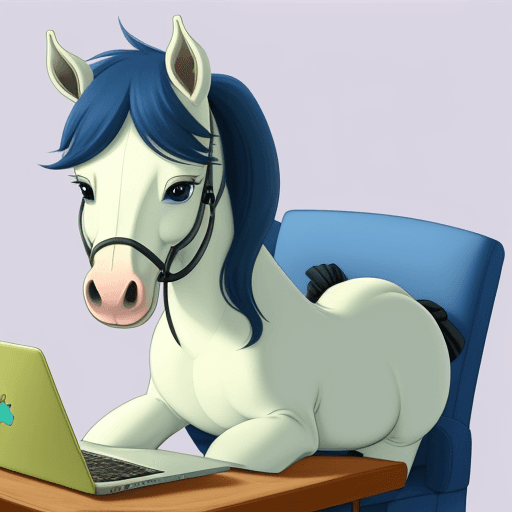 AI generated: a cute horse with innocent wyes ,cartoon like character ,make it cute ,holding laptop and sitting on...