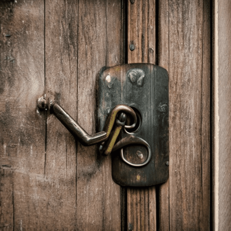 AI generated: huge barn lock hanging on the door, symbolizing protection of the house, close-up, mystical fairy ta...