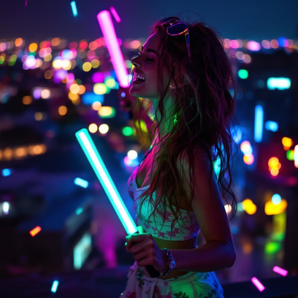 AI generated: 4:3 Create a photorealistic scene featuring a beautiful raver girl with glow sticks dancing joyfully...