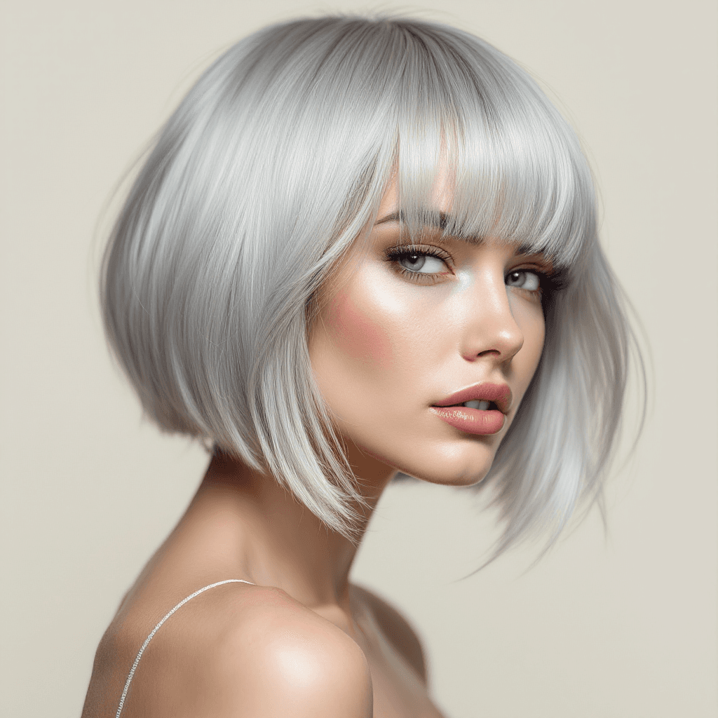 AI generated: hair photography, woman, bob cut hair, silver color, ivory hue background, studio lighting setup, re...