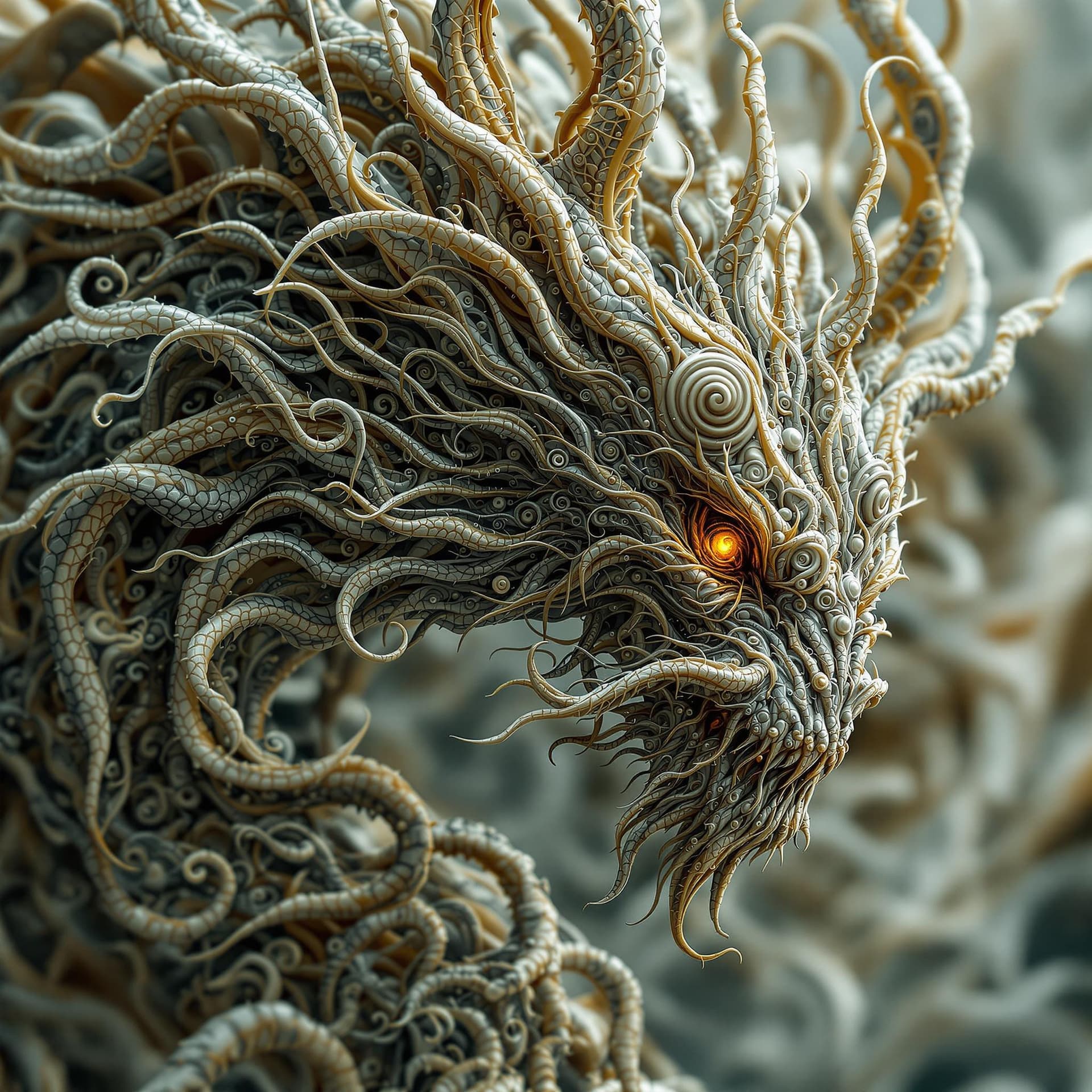 AI generated: close up dof render of a mythical creature made of detailed spiraling fractals and tendrils, detaile...