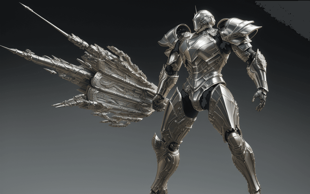 AI generated: 3D rendering of Armored Warrior, Full Body, Weapon, Complex Detail, Metallic, Reflective,in the styl...