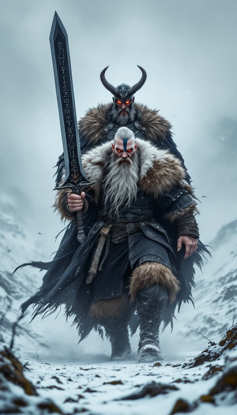 AI generated: An ultra-realistic, zoomed out, front facing full-body portrait of a towering Berserker with a thick...