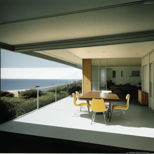 AI generated: Hyper realistic eye level exterior photo of a mid century modern style house overlooking the ocean, ...