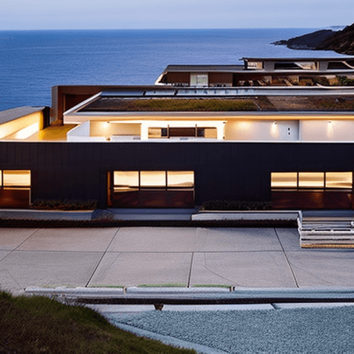 AI generated: Hyper realistic eye level exterior photo of a mid century modern style house overlooking the ocean, ...