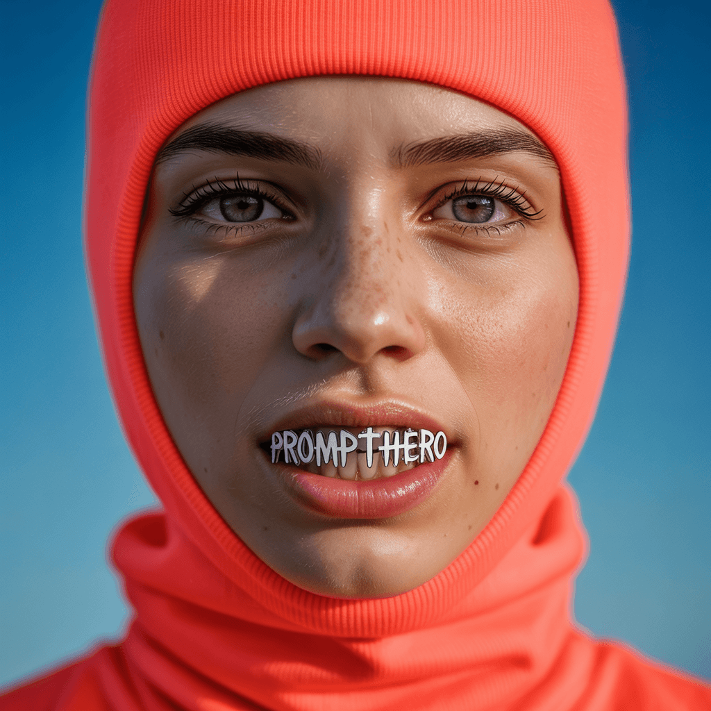 AI generated: ultrarealistic picture of a young, beauty woman with a ski mask on. only her head is on the picture ...