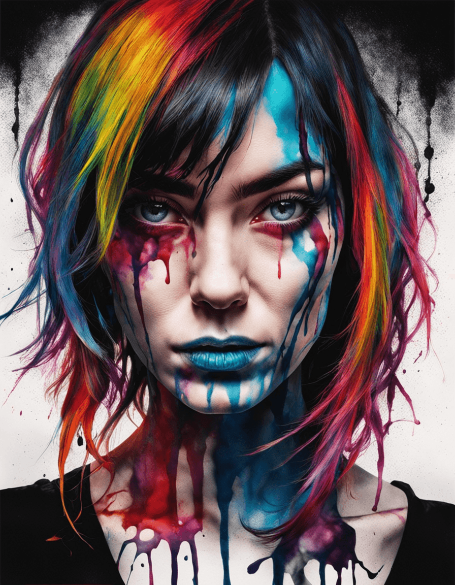 AI generated: Prompt: shoulder length portrait of angry young Woman Short multi color ink hair flowing under alcoh...