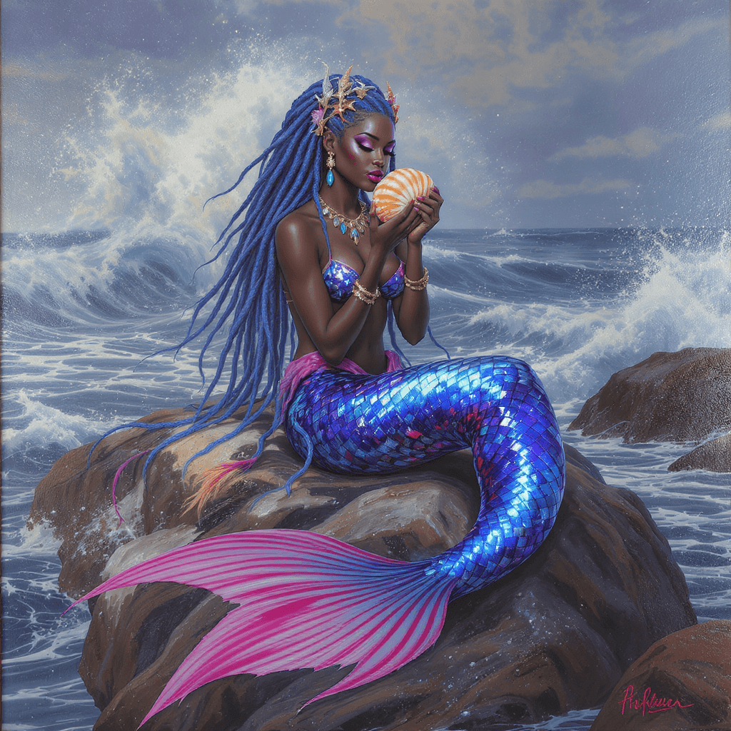 AI generated: airbrushed oil painting A melanated mermaid with long, flowing blue locs adorned with aquatic-themed...