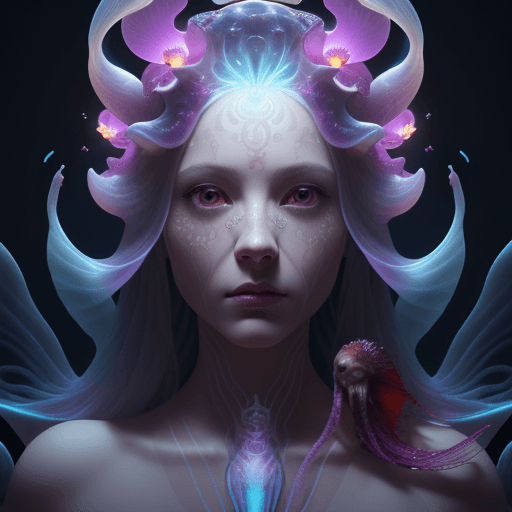 AI generated: Goddess close-up portrait ribcagel. jellyfish phoenix head, nautilus, orchid, skull, betta fish, bio...