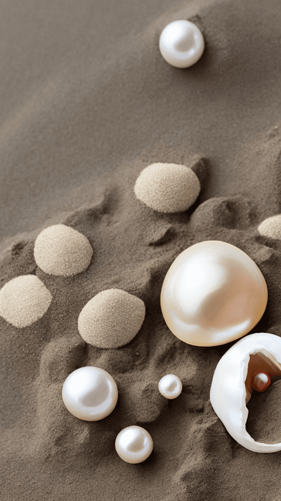 AI generated: brand advertisment, sea sand and pebbles, open shell with a pearl
