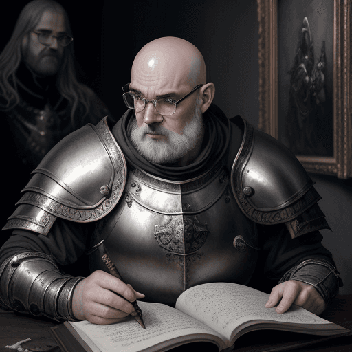 AI generated: baroque painting, old painting, dark fantasy illustration, bald, no facial hair, thick round glasses...