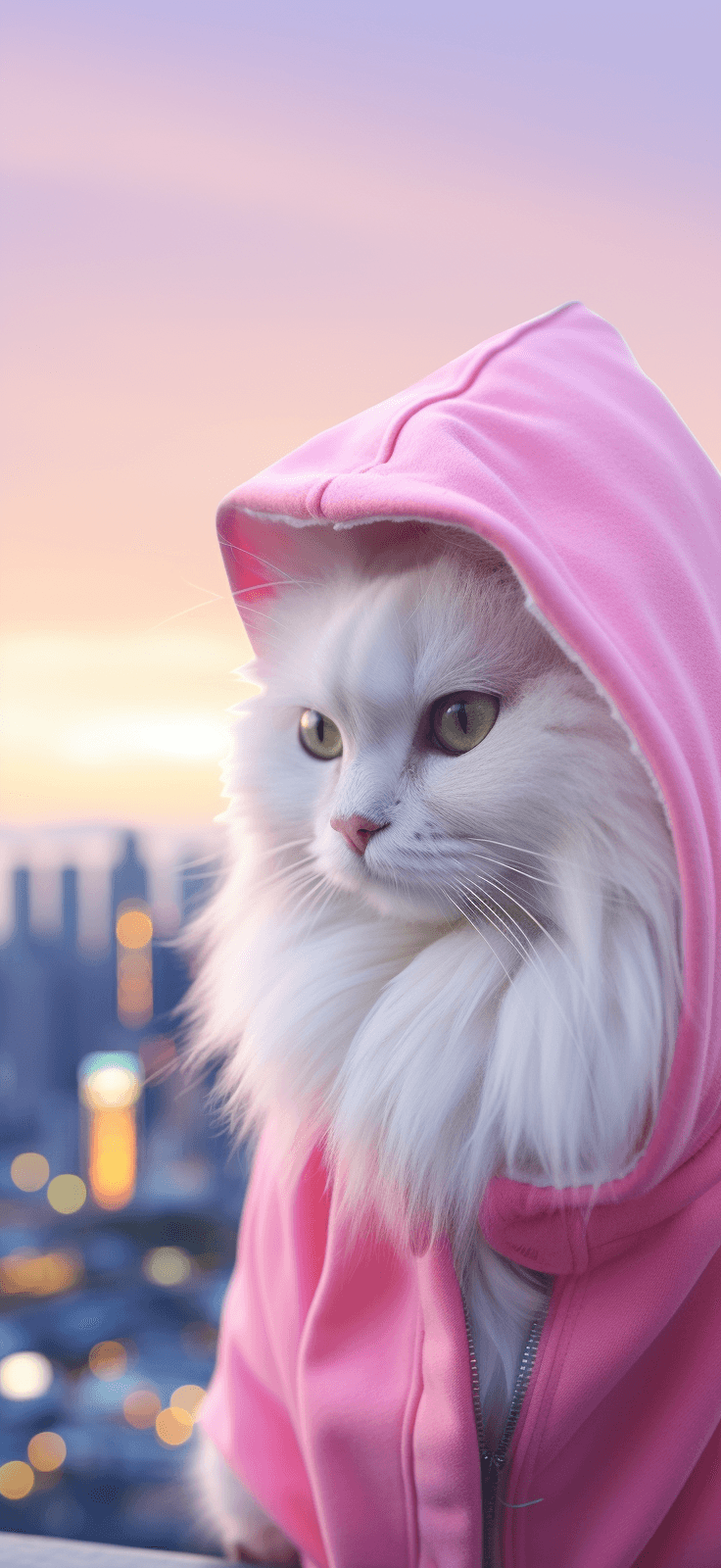 AI generated: ultra photo realistic white long hair cat wearing a pink hoodie with a dream background of tokyo, 50...