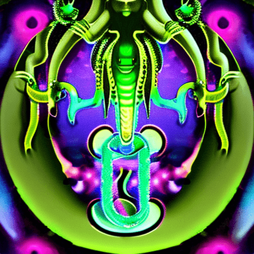 AI generated: Cthulhu in Japanese style, purple flame background, green circles, phonk, bioluminescent creatures, ...
