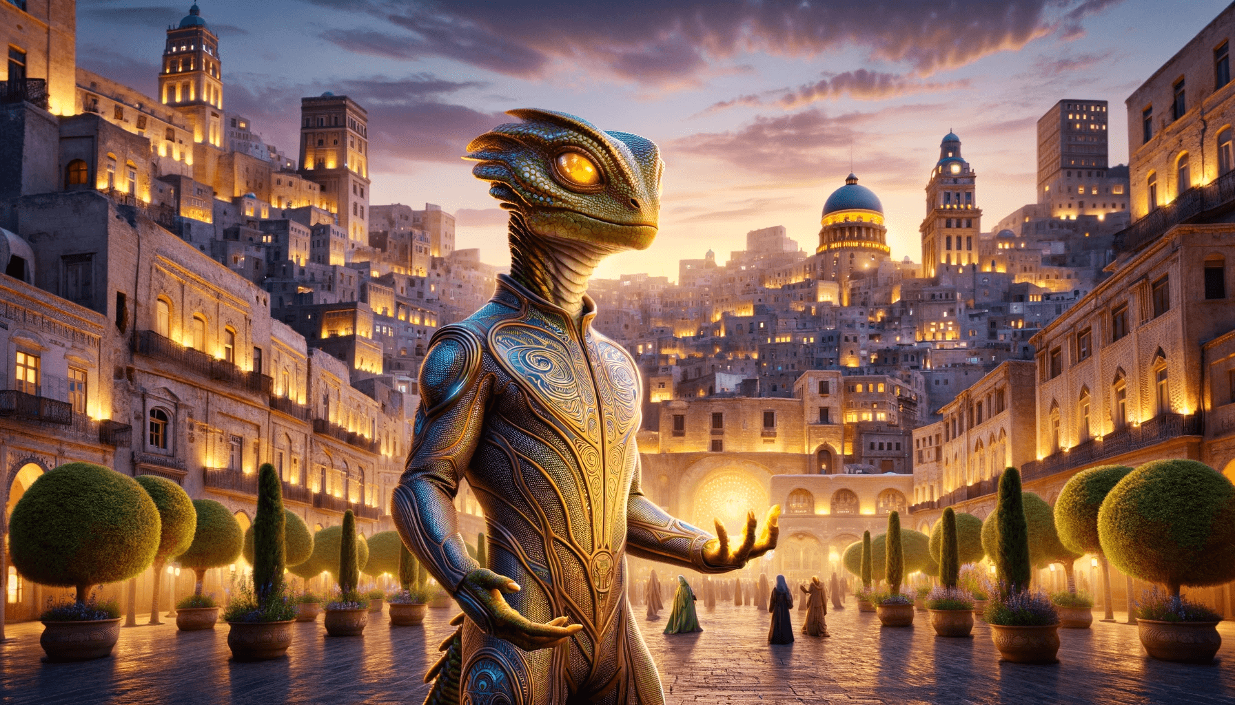 AI generated: User
 In an ancient cityscape reminiscent of Sana'a, a lizard-shaped alien stands in a historical c...